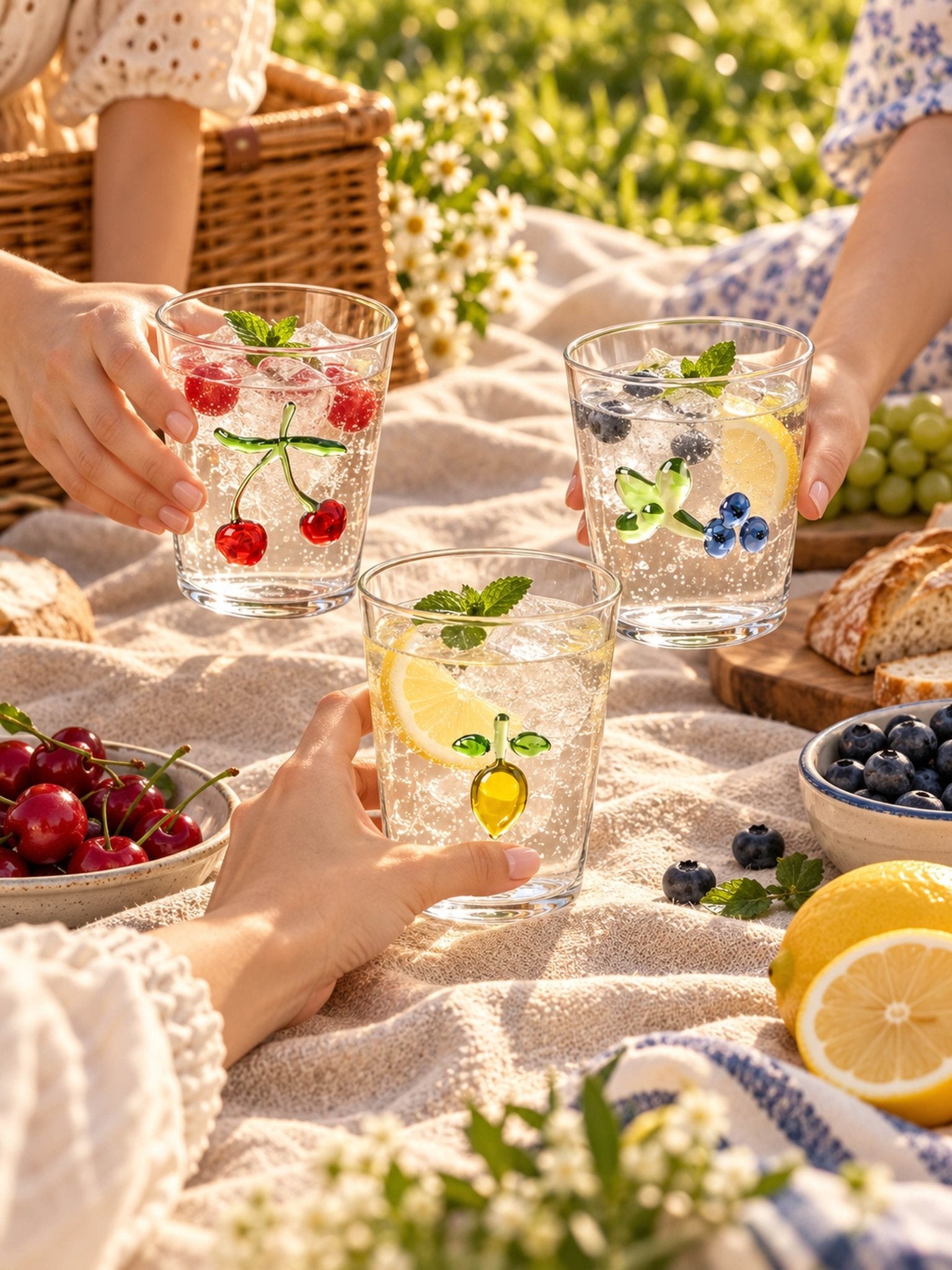 Orchard Delight Glass Tumblers Set of 2, Playful Fruit Glassware for Breakfast Tables, Patio Brunches and Summer Gatherings -Tumblers- Orchard Delight Glass Tumblers-Cherry - INSPECIAL HOME