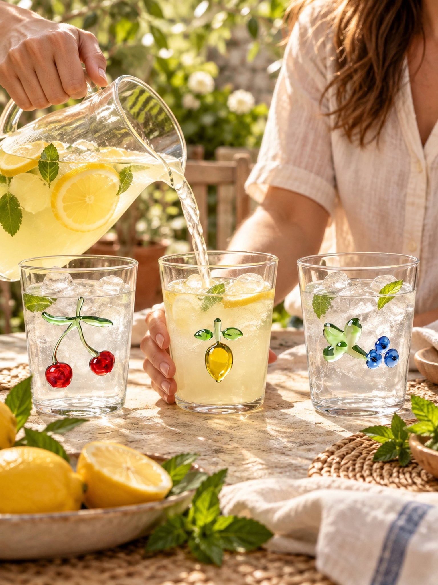 Orchard Delight Glass Tumblers Set of 2, Playful Fruit Glassware for Breakfast Tables, Patio Brunches and Summer Gatherings -Tumblers- Orchard Delight Glass Tumblers-Cherry - INSPECIAL HOME