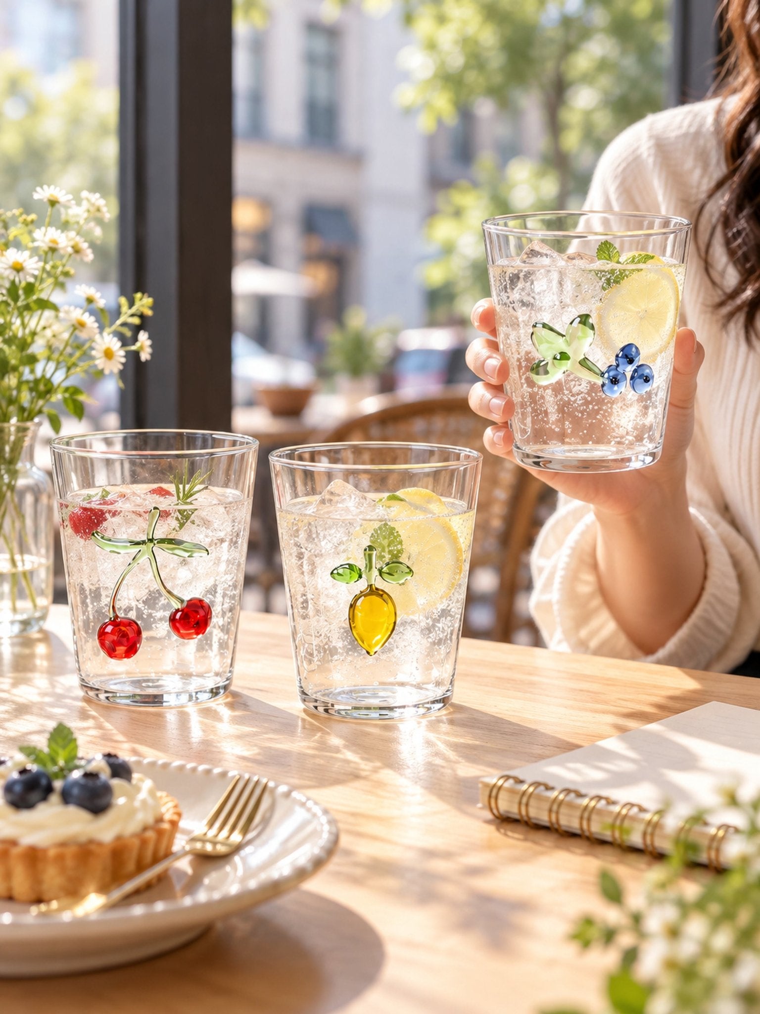Orchard Delight Glass Tumblers Set of 2, Playful Fruit Glassware for Breakfast Tables, Patio Brunches and Summer Gatherings -Tumblers- Orchard Delight Glass Tumblers-Cherry - INSPECIAL HOME