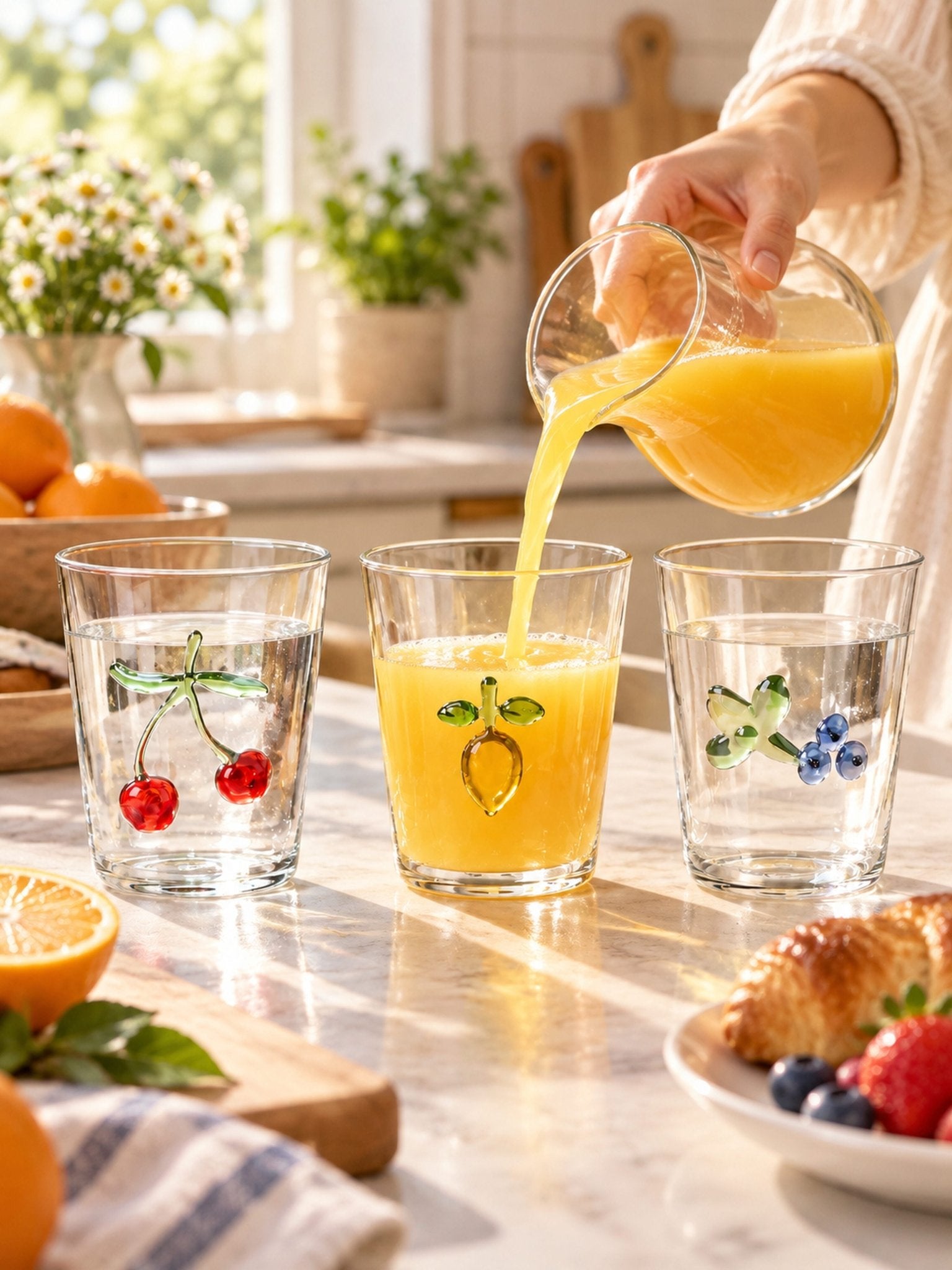 Orchard Delight Glass Tumblers Set of 2, Playful Fruit Glassware for Breakfast Tables, Patio Brunches and Summer Gatherings -Tumblers- Orchard Delight Glass Tumblers-Cherry - INSPECIAL HOME