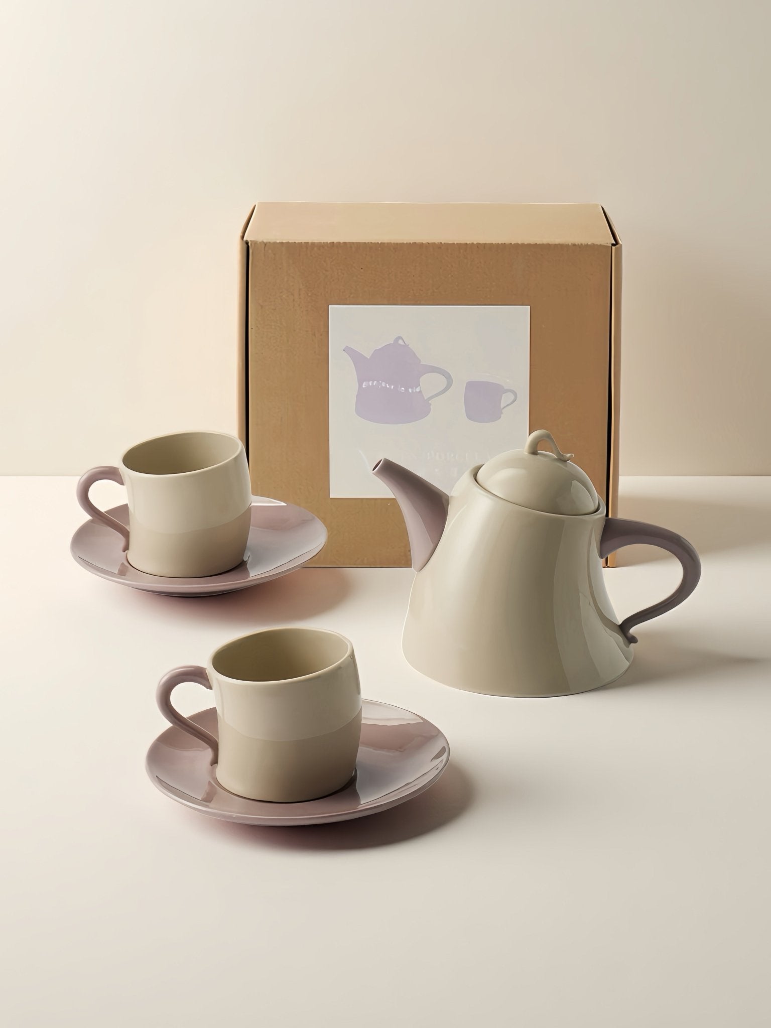 Postmodern Whimsical Wiggle Handle Ceramic Tea Set with Teapot and Mugs - Coffee & Tea Cups - Wiggle Ceramic Teaset - Lilac - INSPECIAL HOME