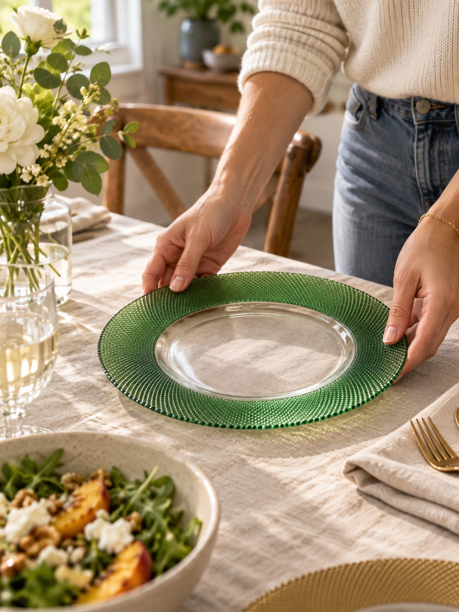Radiant Moments Glass Dinner Plates Set of 2, Elegant Textured Decorative Plates for Everyday Dining, Dinner Parties, Holiday Table Settings -Plates- Radiant Moments Glass Dinner Plates Set of 2-Gold - INSPECIAL HOME