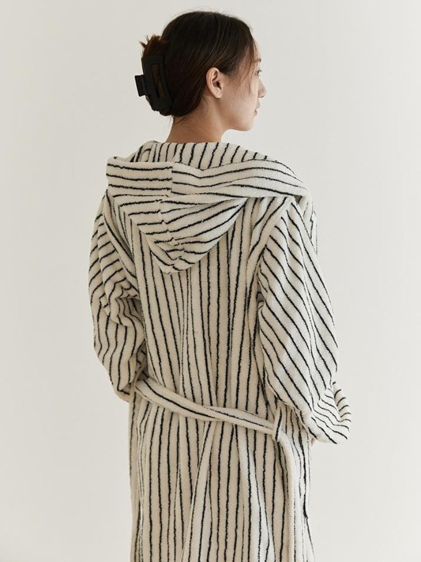 Retro 100% ORGANIC Long-stapled Cotton Hooded Stripe Bath Robe