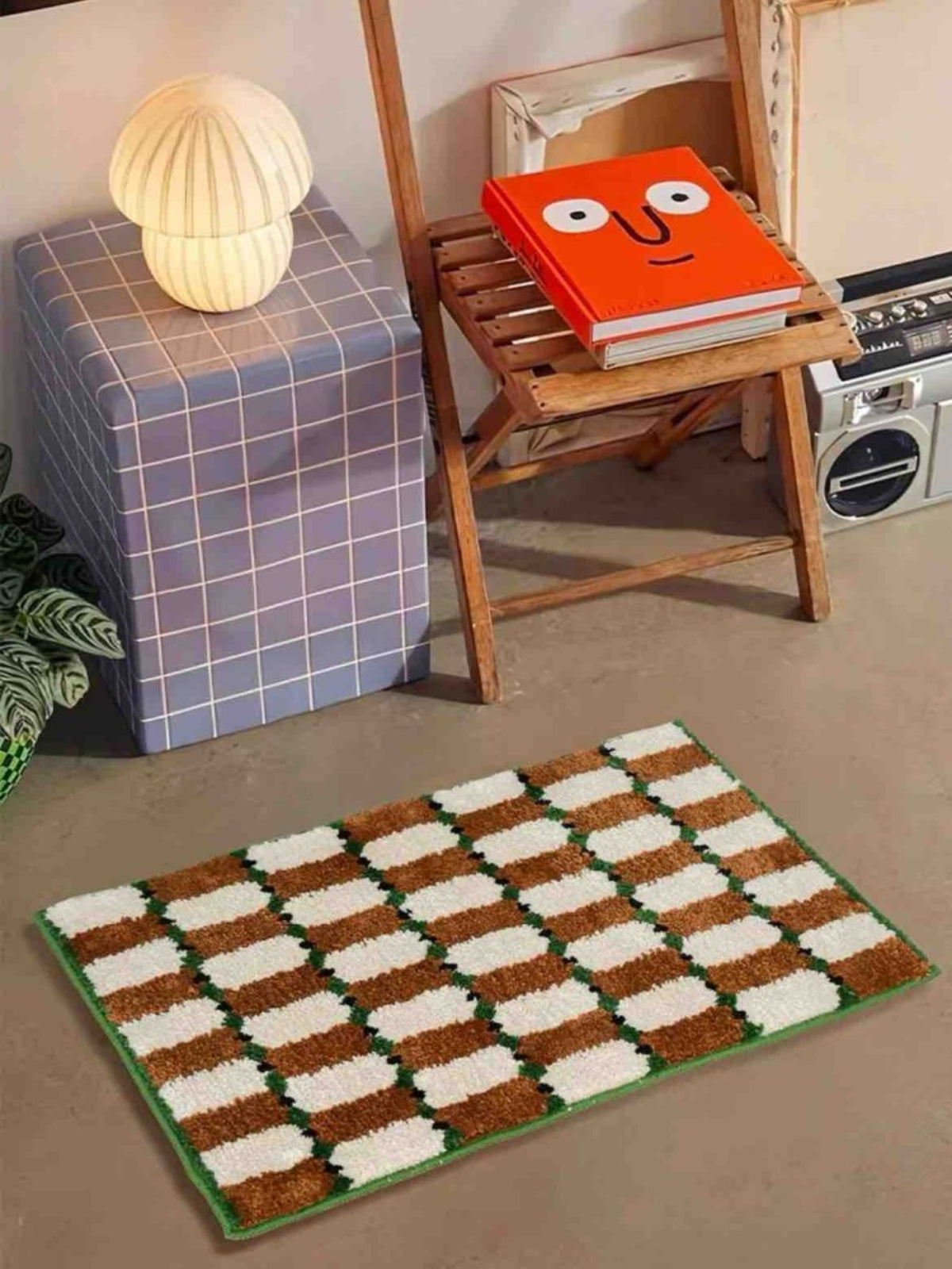 Retro Checker Bath Rug, Machine - washable, Ultra Soft & Absorbent - Retro Checker Bath Rug - Blue - INSPECIAL HOME