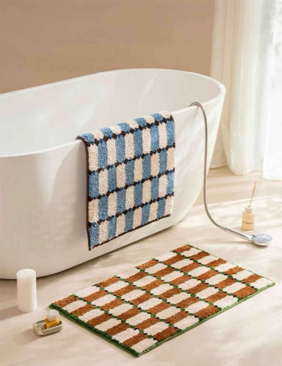 Retro Checker Bath Rug, Machine - washable, Ultra Soft & Absorbent - Retro Checker Bath Rug - Blue - INSPECIAL HOME