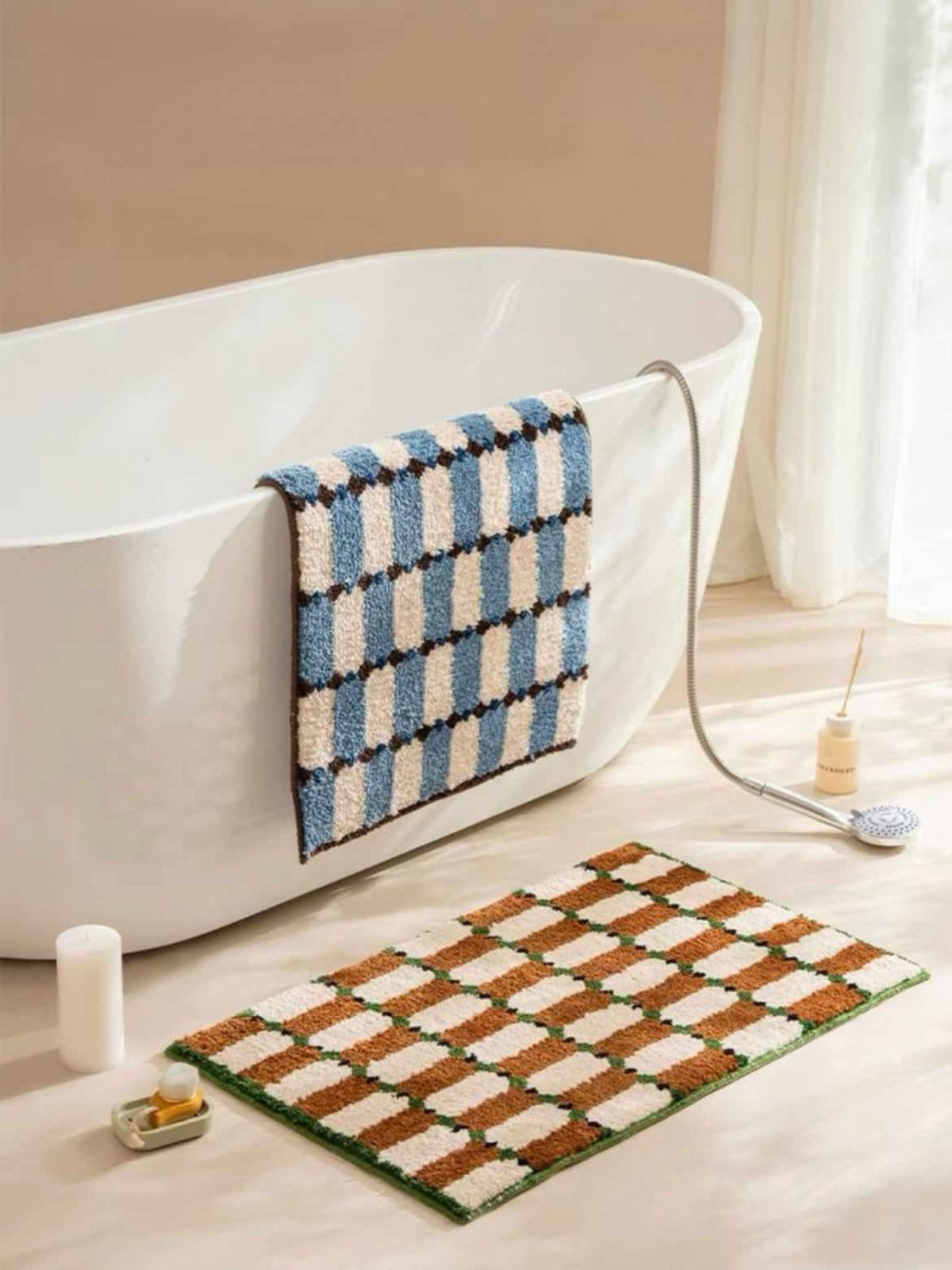 Retro Checker Bath Rug, Machine - washable, Ultra Soft & Absorbent - Retro Checker Bath Rug - Blue - INSPECIAL HOME