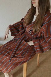 Retro Earthy Pinstripe Cotton Robe - 460 GSM Soft Absorbent Robe for Slow Living - Retro Earthy Pinstripe Cotton Robe-Chestnut - INSPECIAL HOME