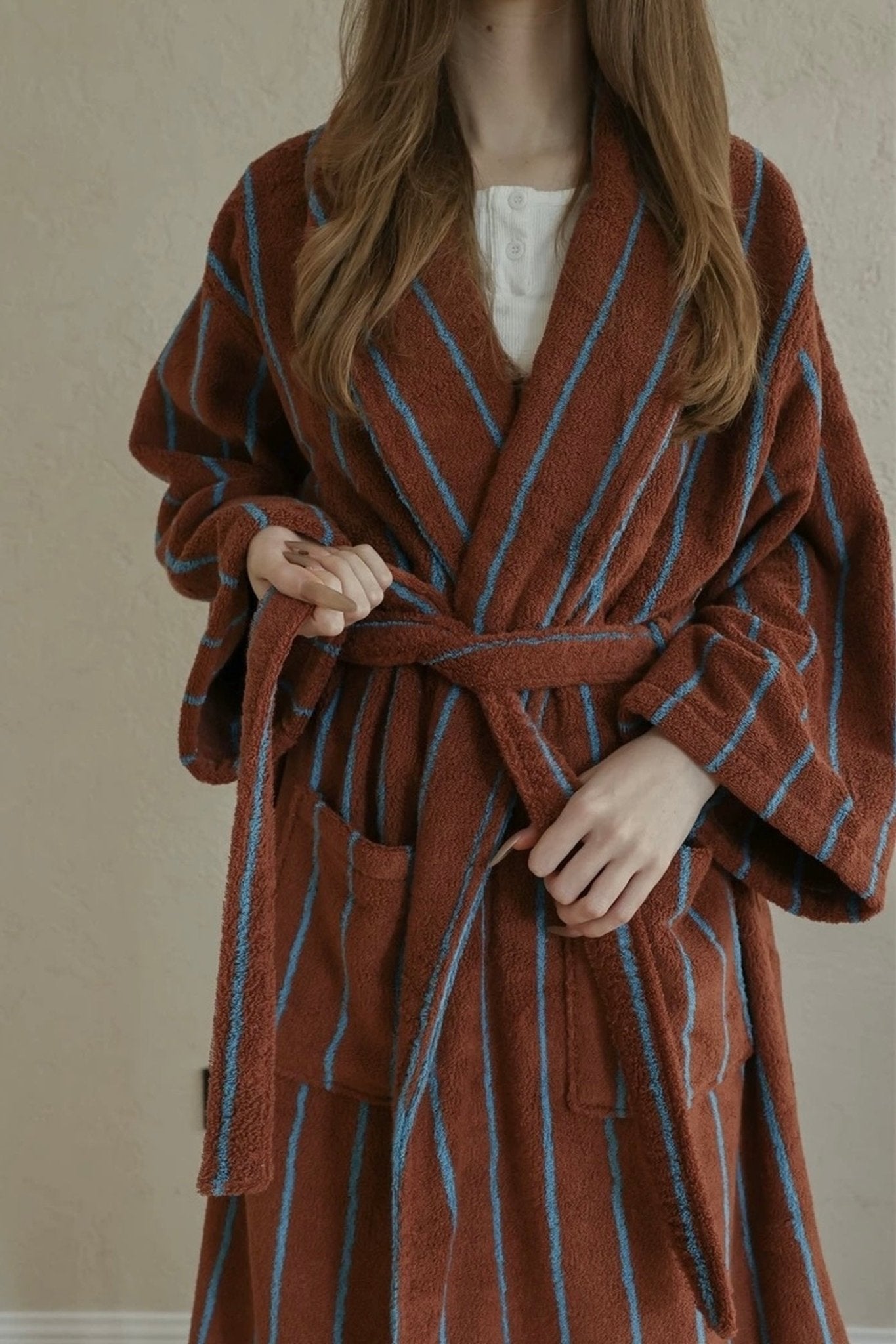 Retro Earthy Pinstripe Cotton Robe - 460 GSM Soft Absorbent Robe for Slow Living - Retro Earthy Pinstripe Cotton Robe-Chestnut - INSPECIAL HOME