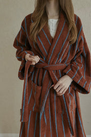 Retro Earthy Pinstripe Cotton Robe - 460 GSM Soft Absorbent Robe for Slow Living - Retro Earthy Pinstripe Cotton Robe-Chestnut - INSPECIAL HOME