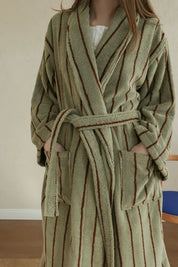 Retro Earthy Pinstripe Cotton Robe - 460 GSM Soft Absorbent Robe for Slow Living - Retro Earthy Pinstripe Cotton Robe-Chestnut - INSPECIAL HOME