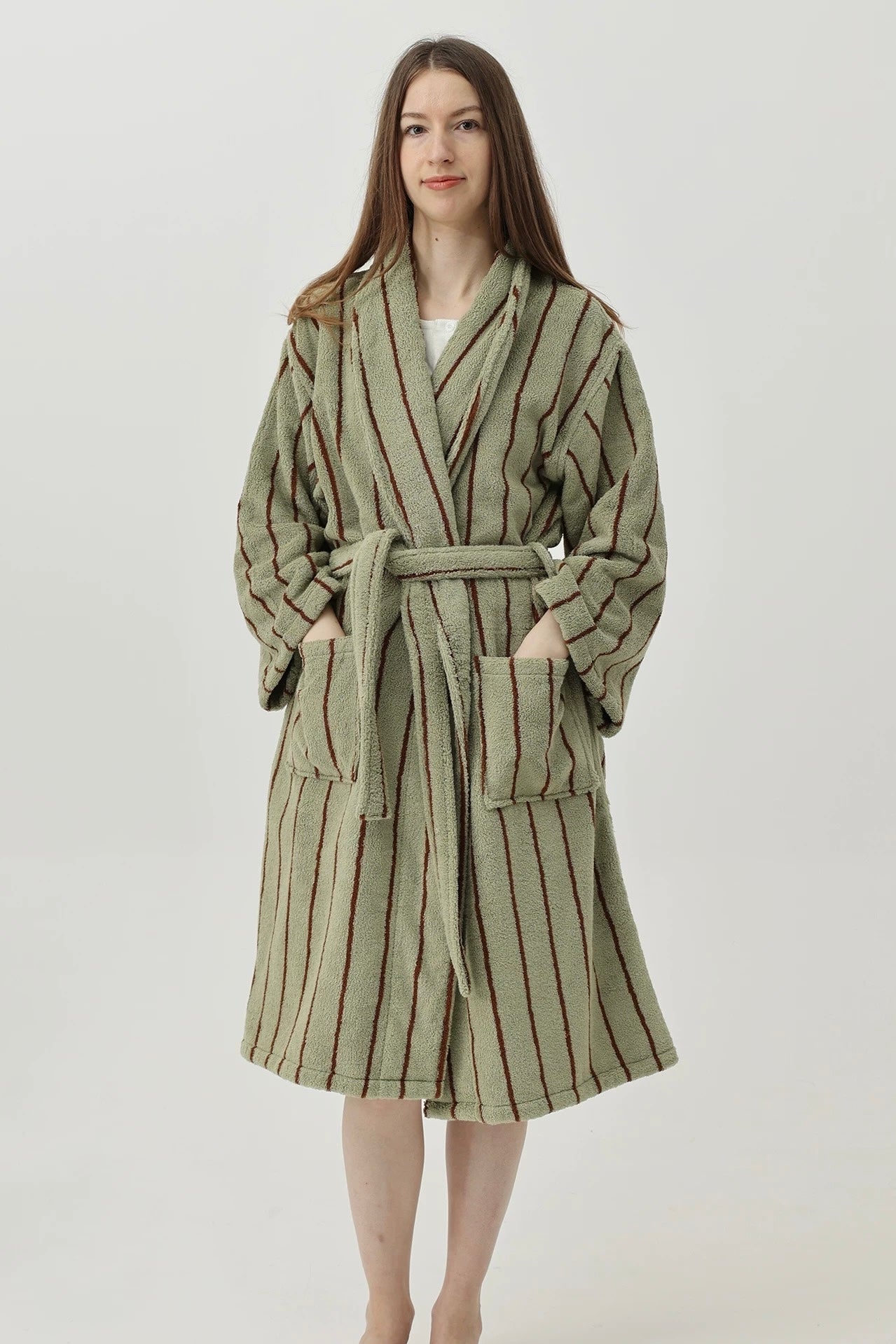 Retro Earthy Pinstripe Cotton Robe - 460 GSM Soft Absorbent Robe for Slow Living - Retro Earthy Pinstripe Cotton Robe-Sage - INSPECIAL HOME