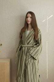 Retro Earthy Pinstripe Cotton Robe - 460 GSM Soft Absorbent Robe for Slow Living - Retro Earthy Pinstripe Cotton Robe-Chestnut - INSPECIAL HOME