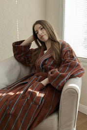 Retro Earthy Pinstripe Cotton Robe - 460 GSM Soft Absorbent Robe for Slow Living - Retro Earthy Pinstripe Cotton Robe-Chestnut - INSPECIAL HOME