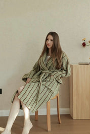 Retro Earthy Pinstripe Cotton Robe - 460 GSM Soft Absorbent Robe for Slow Living - Retro Earthy Pinstripe Cotton Robe-Chestnut - INSPECIAL HOME