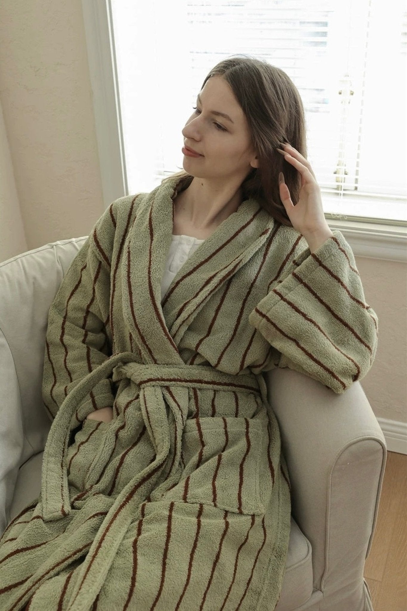 Retro Earthy Pinstripe Cotton Robe - 460 GSM Soft Absorbent Robe for Slow Living - Retro Earthy Pinstripe Cotton Robe-Chestnut - INSPECIAL HOME