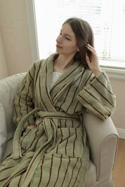 Retro Earthy Pinstripe Cotton Robe - 460 GSM Soft Absorbent Robe for Slow Living - Retro Earthy Pinstripe Cotton Robe-Chestnut - INSPECIAL HOME