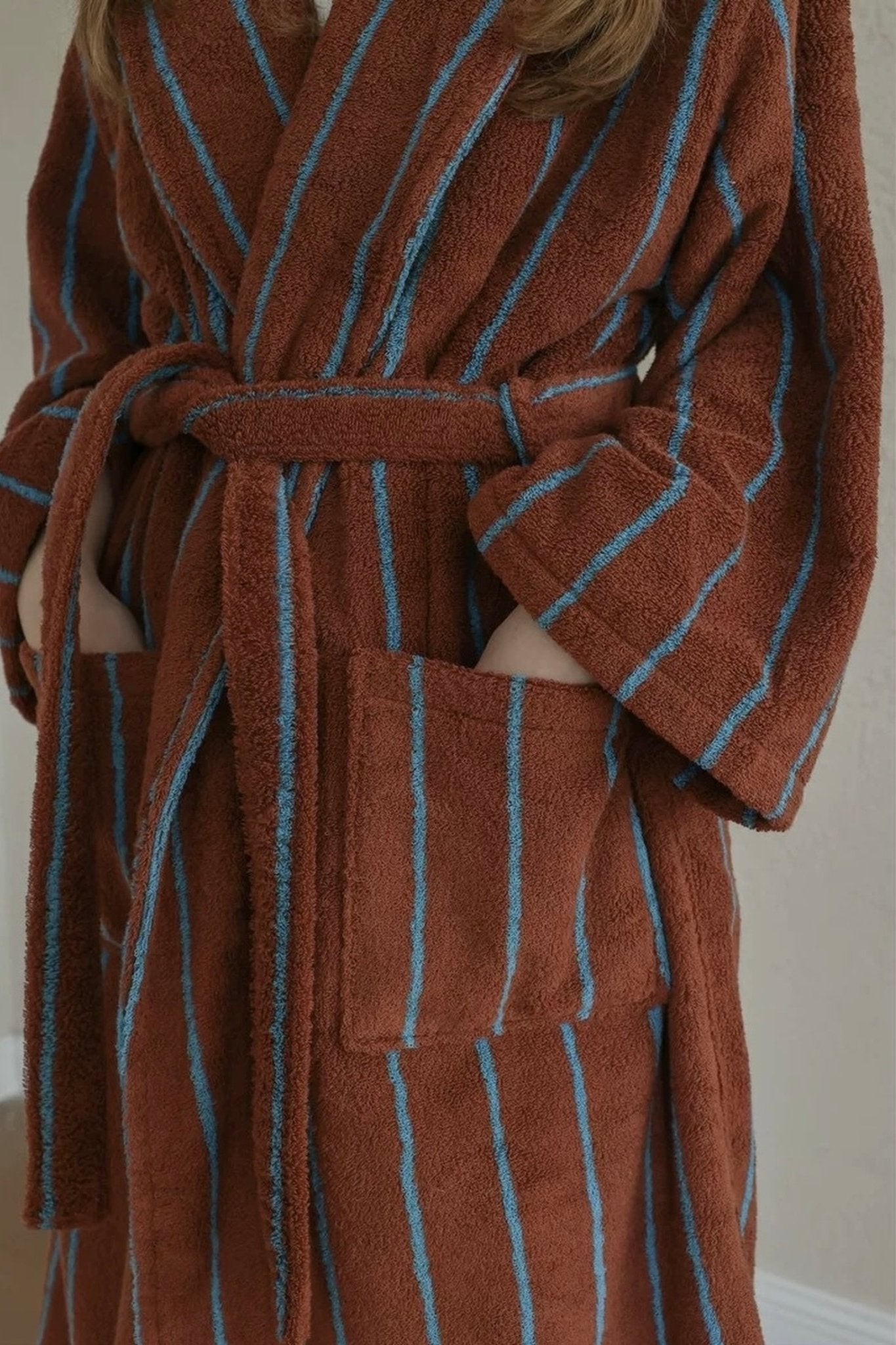 Retro Earthy Pinstripe Cotton Robe - 460 GSM Soft Absorbent Robe for Slow Living - Retro Earthy Pinstripe Cotton Robe-Chestnut - INSPECIAL HOME