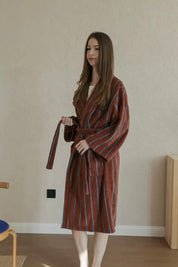Retro Earthy Pinstripe Cotton Robe - 460 GSM Soft Absorbent Robe for Slow Living - Retro Earthy Pinstripe Cotton Robe-Chestnut - INSPECIAL HOME