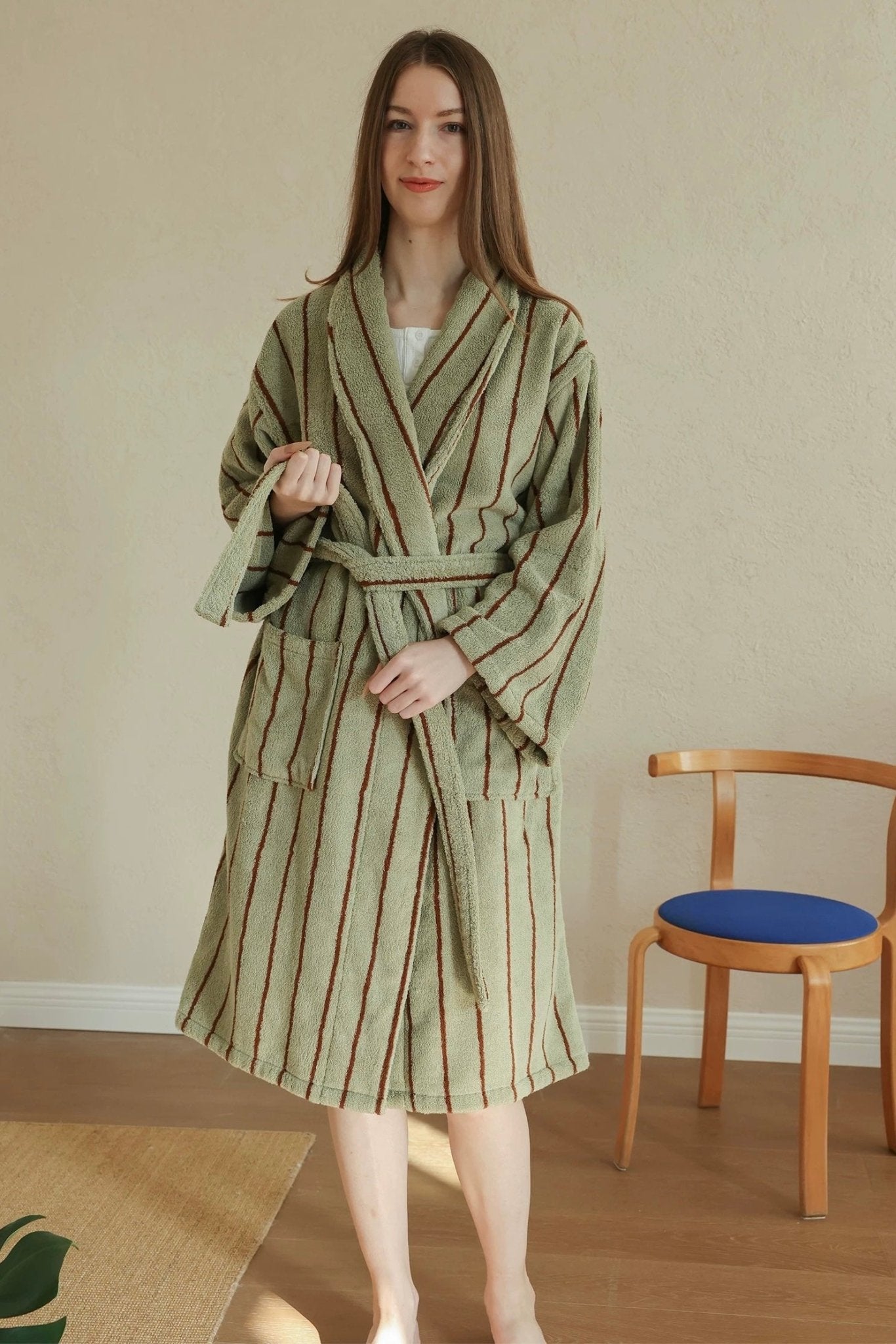 Retro Earthy Pinstripe Cotton Robe - 460 GSM Soft Absorbent Robe for Slow Living - Retro Earthy Pinstripe Cotton Robe-Chestnut - INSPECIAL HOME