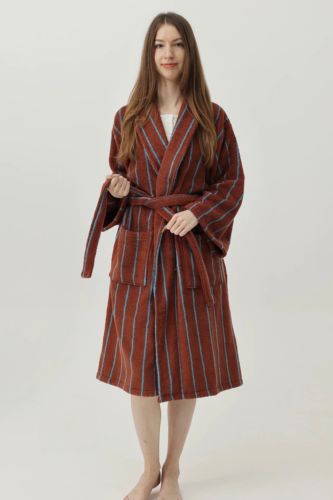 Retro Earthy Pinstripe Cotton Robe - 460 GSM Soft Absorbent Robe for Slow Living - Retro Earthy Pinstripe Cotton Robe-Chestnut - INSPECIAL HOME