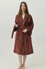 Retro Earthy Pinstripe Cotton Robe - 460 GSM Soft Absorbent Robe for Slow Living - Retro Earthy Pinstripe Cotton Robe-Chestnut - INSPECIAL HOME