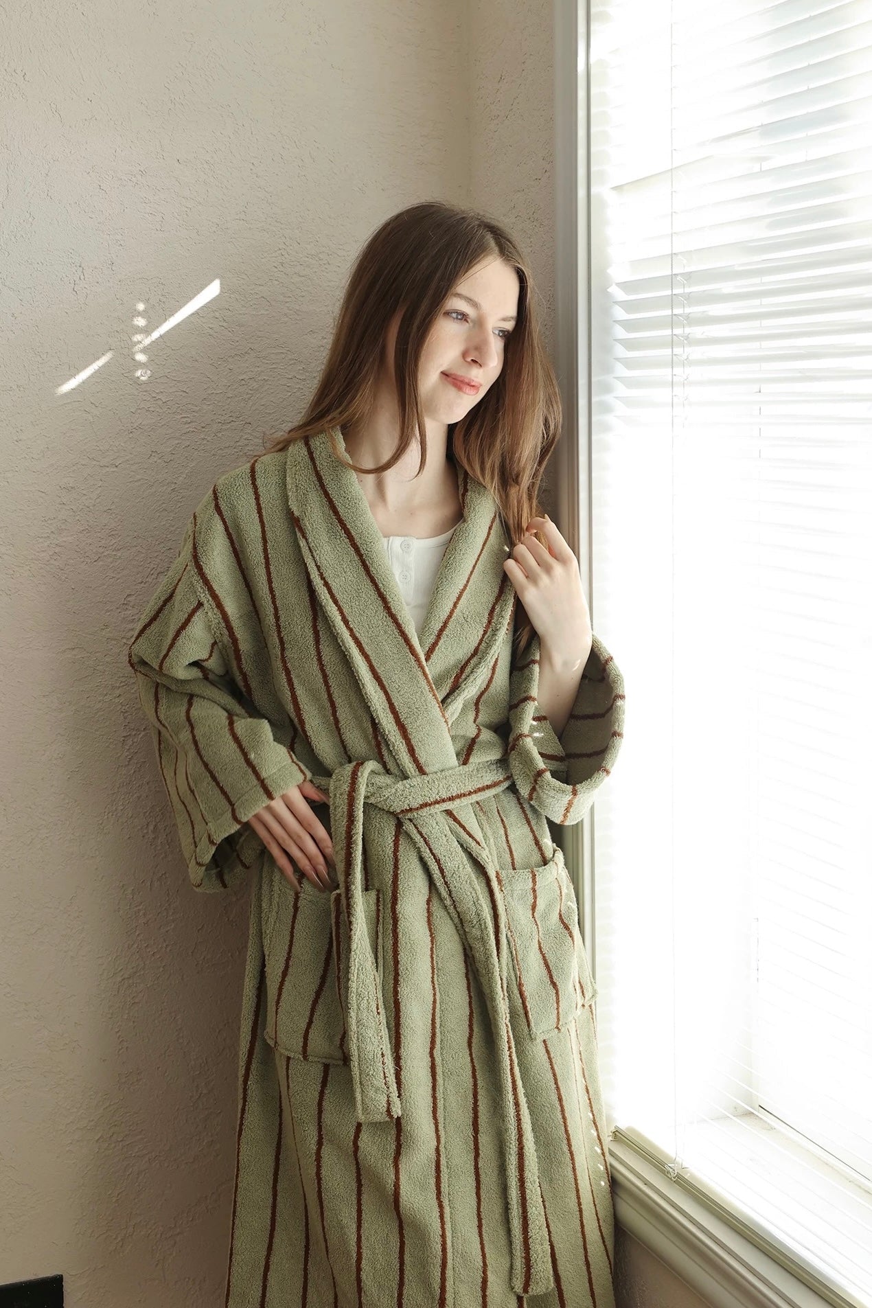 Retro Earthy Pinstripe Cotton Robe - 460 GSM Soft Absorbent Robe for Slow Living - Retro Earthy Pinstripe Cotton Robe-Chestnut - INSPECIAL HOME