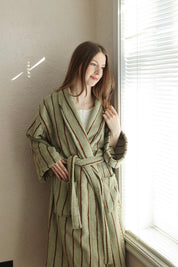 Retro Earthy Pinstripe Cotton Robe - 460 GSM Soft Absorbent Robe for Slow Living - Retro Earthy Pinstripe Cotton Robe-Chestnut - INSPECIAL HOME