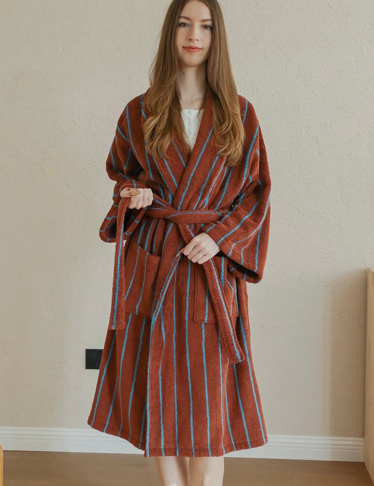 Retro Earthy Pinstripe Cotton Robe - 460 GSM Soft Absorbent Robe for Slow Living - Retro Earthy Pinstripe Cotton Robe-Chestnut - INSPECIAL HOME