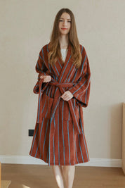 Retro Earthy Pinstripe Cotton Robe - 460 GSM Soft Absorbent Robe for Slow Living - Retro Earthy Pinstripe Cotton Robe-Chestnut - INSPECIAL HOME