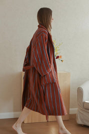 Retro Earthy Pinstripe Cotton Robe - 460 GSM Soft Absorbent Robe for Slow Living - Retro Earthy Pinstripe Cotton Robe-Chestnut - INSPECIAL HOME