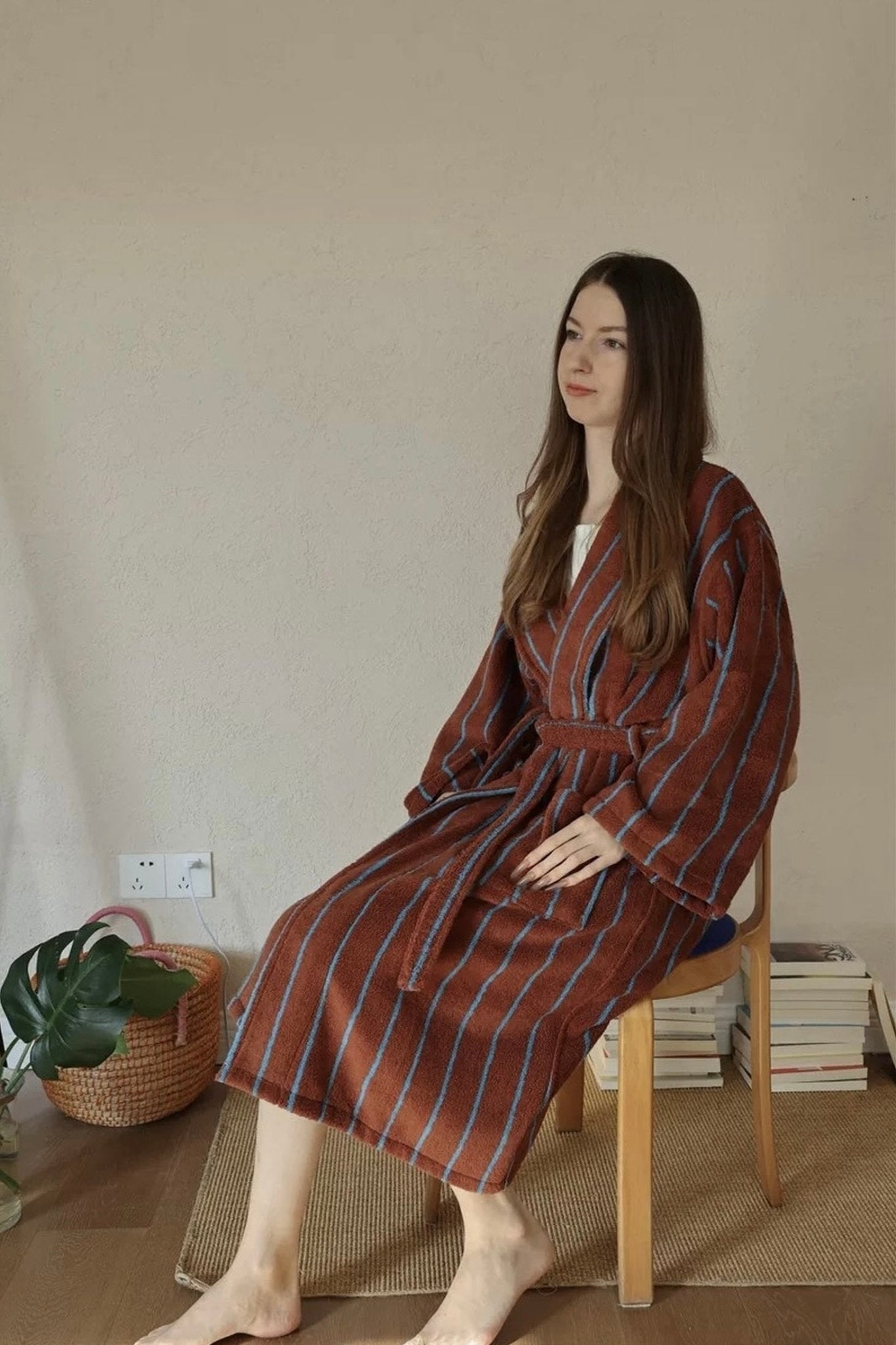 Retro Earthy Pinstripe Cotton Robe - 460 GSM Soft Absorbent Robe for Slow Living - Retro Earthy Pinstripe Cotton Robe-Chestnut - INSPECIAL HOME