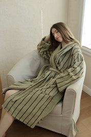 Retro Earthy Pinstripe Cotton Robe - 460 GSM Soft Absorbent Robe for Slow Living - Retro Earthy Pinstripe Cotton Robe-Chestnut - INSPECIAL HOME