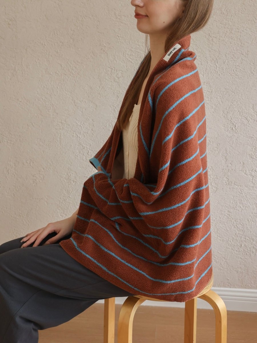 Retro Earthy - tone Pinstripe Bath Towel — 100% Long - Staple Cotton, Soft, Plush & Absorbent - Retro Earthy - tone Pinstripe Towel - Chestnut - Bath Towel - INSPECIAL HOME