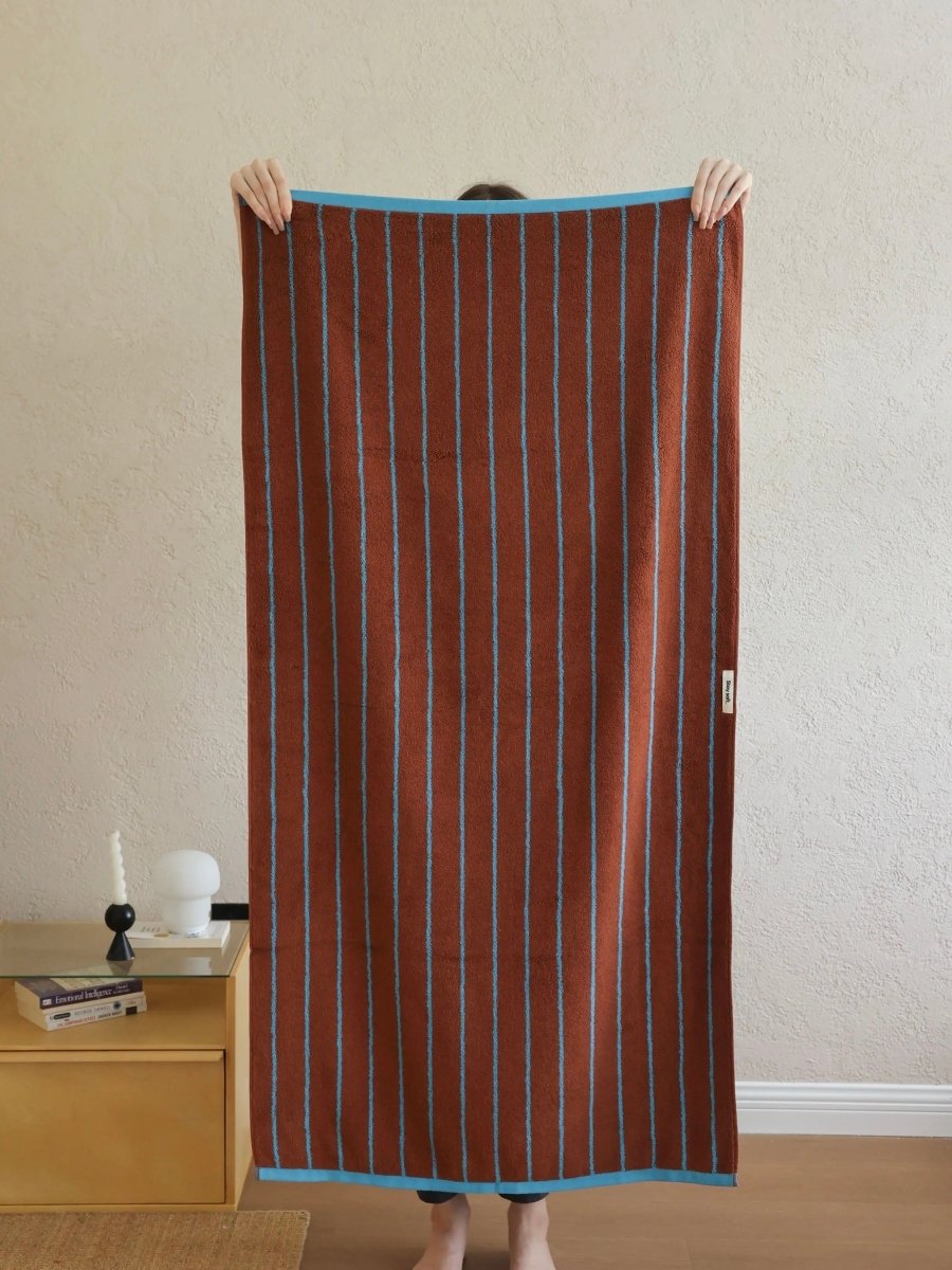 Retro Earthy - tone Pinstripe Bath Towel — 100% Long - Staple Cotton, Soft, Plush & Absorbent - Retro Earthy - tone Pinstripe Towel - Chestnut - Bath Towel - INSPECIAL HOME