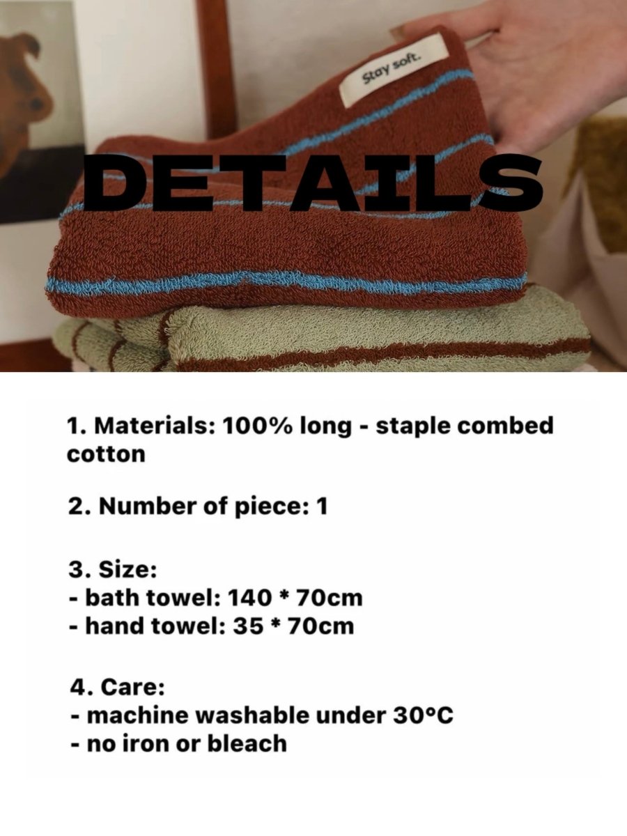 Retro Earthy - tone Pinstripe Bath Towel — 100% Long - Staple Cotton, Soft, Plush & Absorbent - Retro Earthy - tone Pinstripe Towel - Ivory - Hand Towel - INSPECIAL HOME