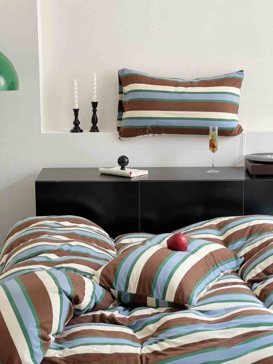 Retro Earthy Tone Stripe Queen Duvet Cover Set with Pillowcases, 100% Cotton - Bed Sheet Set - Retro Style Earthy Tone Stripe Duvet Cover Set - INSPECIAL HOME