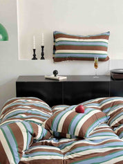 Retro Earthy Tone Stripe Queen Duvet Cover Set with Pillowcases, 100% Cotton - Bed Sheet Set - Retro Style Earthy Tone Stripe Duvet Cover Set - INSPECIAL HOME