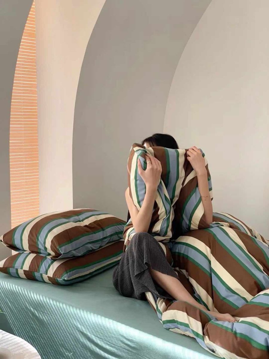 Retro Earthy Tone Stripe Queen Duvet Cover Set with Pillowcases, 100% Cotton - Bed Sheet Set - Retro Style Earthy Tone Stripe Duvet Cover Set - INSPECIAL HOME