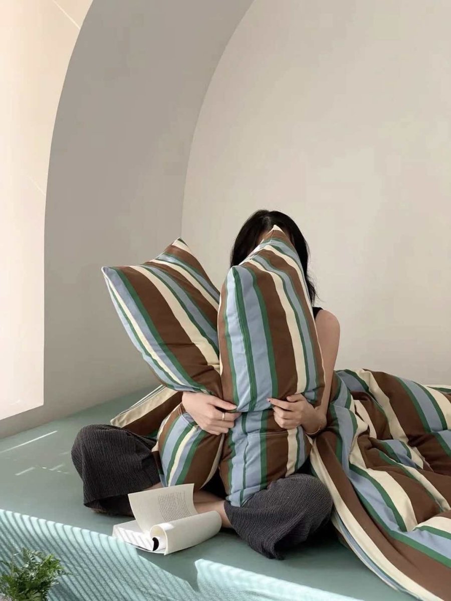 Retro Earthy Tone Stripe Queen Duvet Cover Set with Pillowcases, 100% Cotton - Bed Sheet Set - Retro Style Earthy Tone Stripe Duvet Cover Set - INSPECIAL HOME