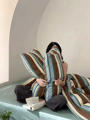 Retro Earthy Tone Stripe Queen Duvet Cover Set with Pillowcases, 100% Cotton - Bed Sheet Set - Retro Style Earthy Tone Stripe Duvet Cover Set - INSPECIAL HOME