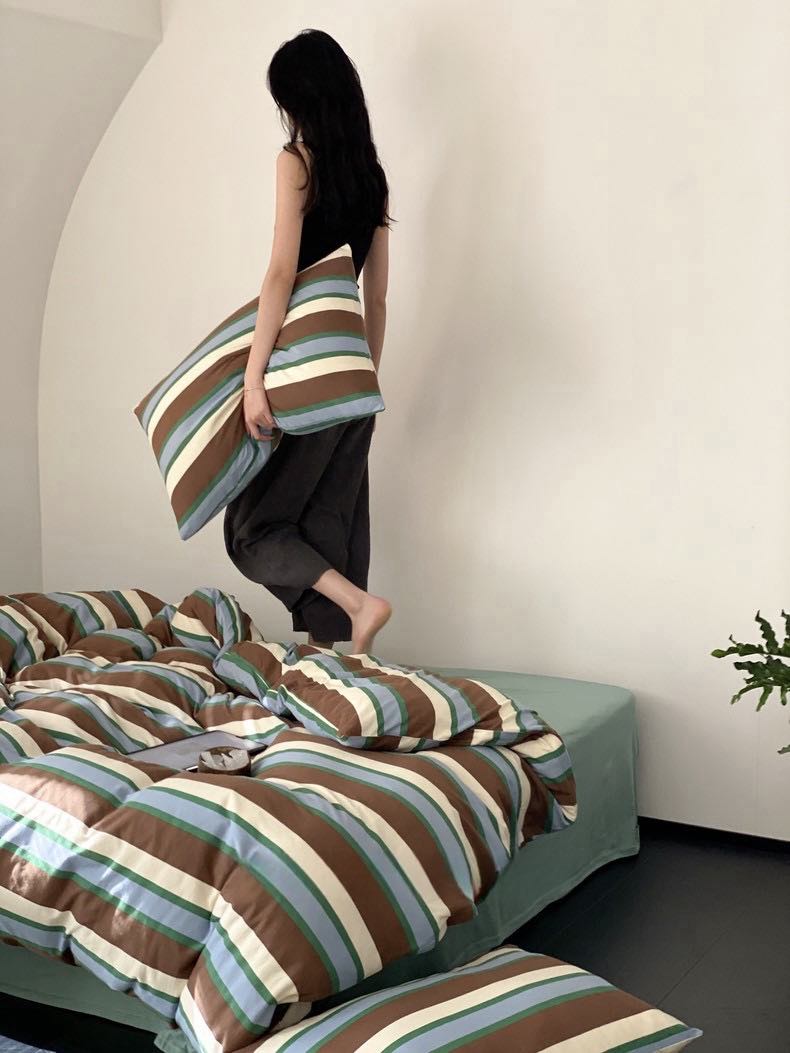 Retro Earthy Tone Stripe Queen Duvet Cover Set with Pillowcases, 100% Cotton - Bed Sheet Set - Retro Style Earthy Tone Stripe Duvet Cover Set - INSPECIAL HOME