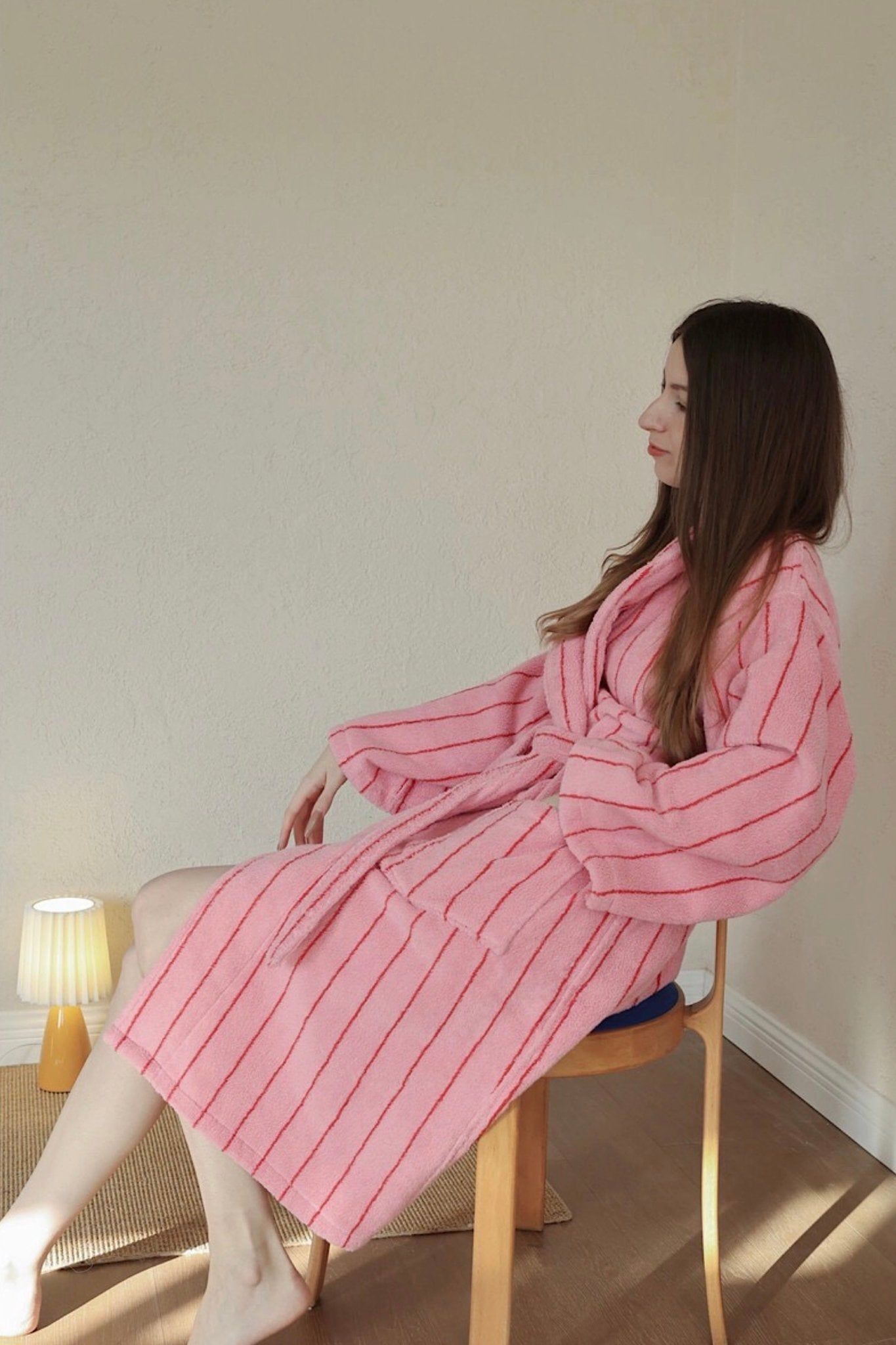 Retro Pastel Stripe Cotton Bath Robe - Plush Soft Absorbent Lounge Robe - Retro Pastel Stripe Bath Robe-Blush Pink - INSPECIAL HOME