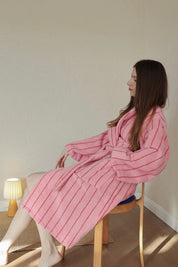 Retro Pastel Stripe Cotton Bath Robe - Plush Soft Absorbent Lounge Robe - Retro Pastel Stripe Bath Robe-Blush Pink - INSPECIAL HOME