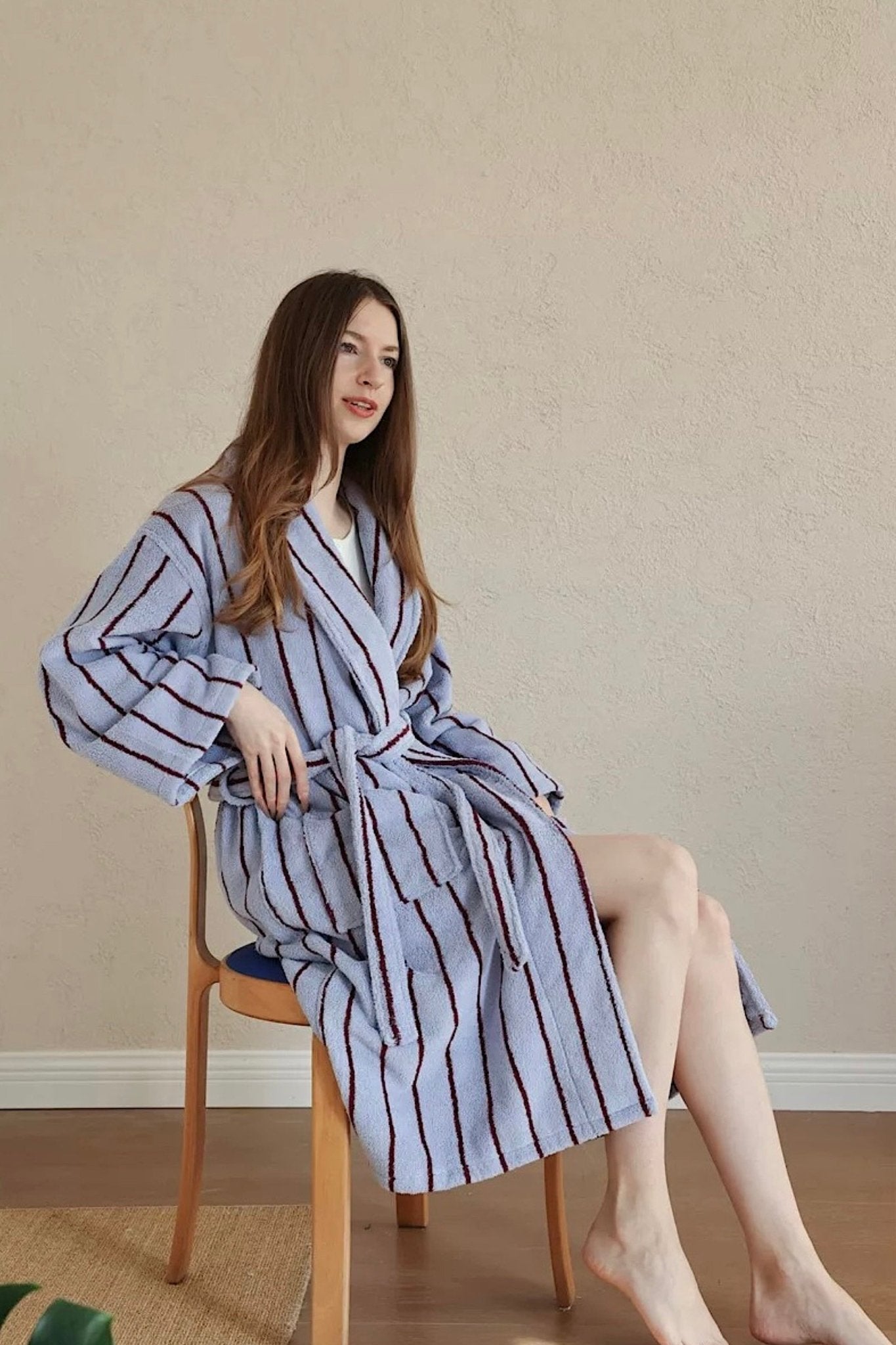 Retro Pastel Stripe Cotton Bath Robe - Plush Soft Absorbent Lounge Robe - Retro Pastel Stripe Bath Robe-Blush Pink - INSPECIAL HOME