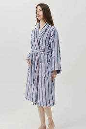 Retro Pastel Stripe Cotton Bath Robe - Plush Soft Absorbent Lounge Robe - Retro Pastel Stripe Bath Robe-Misty Blue - INSPECIAL HOME