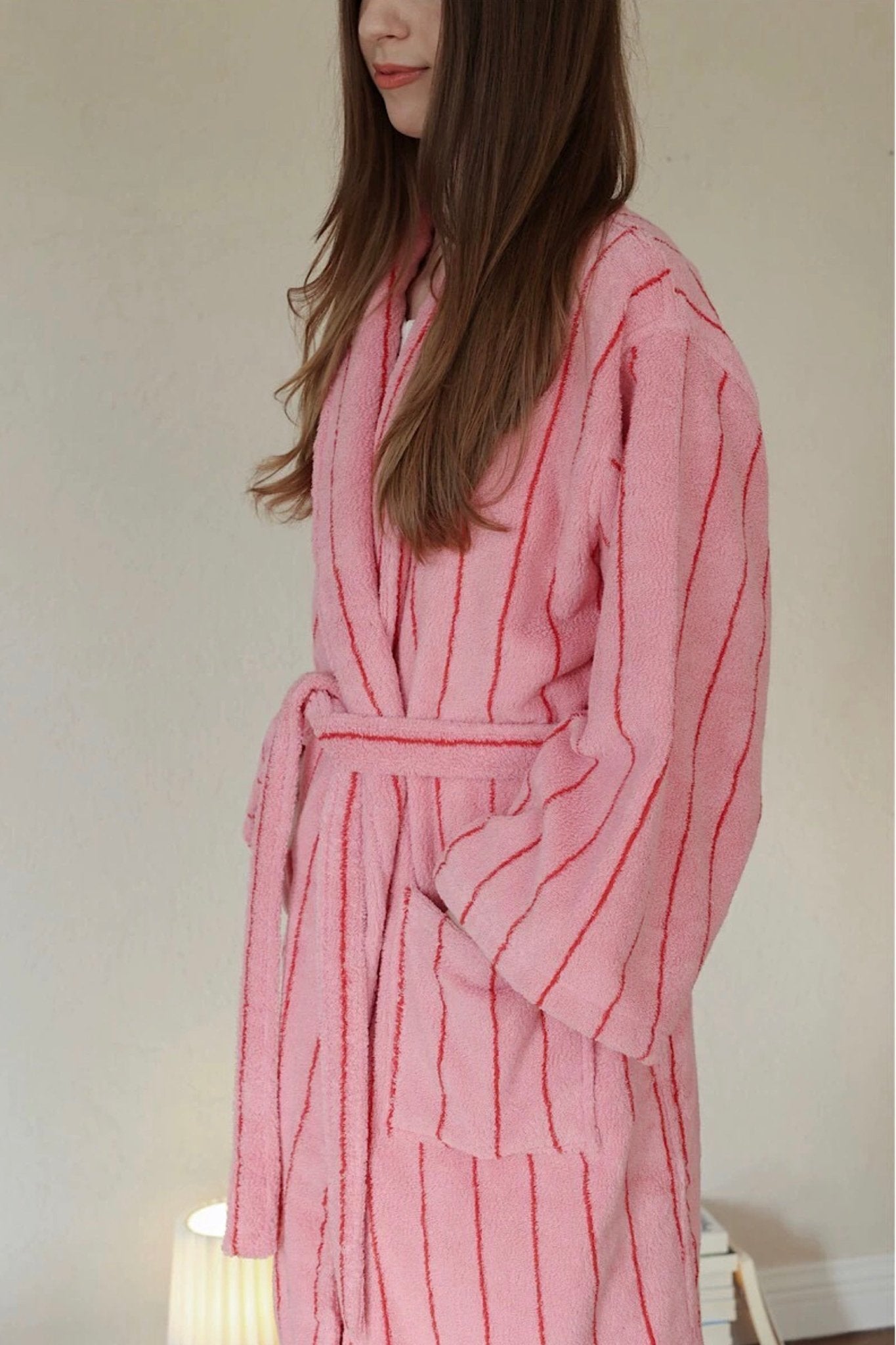 Retro Pastel Stripe Cotton Bath Robe - Plush Soft Absorbent Lounge Robe - Retro Pastel Stripe Bath Robe-Blush Pink - INSPECIAL HOME