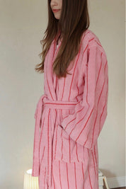 Retro Pastel Stripe Cotton Bath Robe - Plush Soft Absorbent Lounge Robe - Retro Pastel Stripe Bath Robe-Blush Pink - INSPECIAL HOME