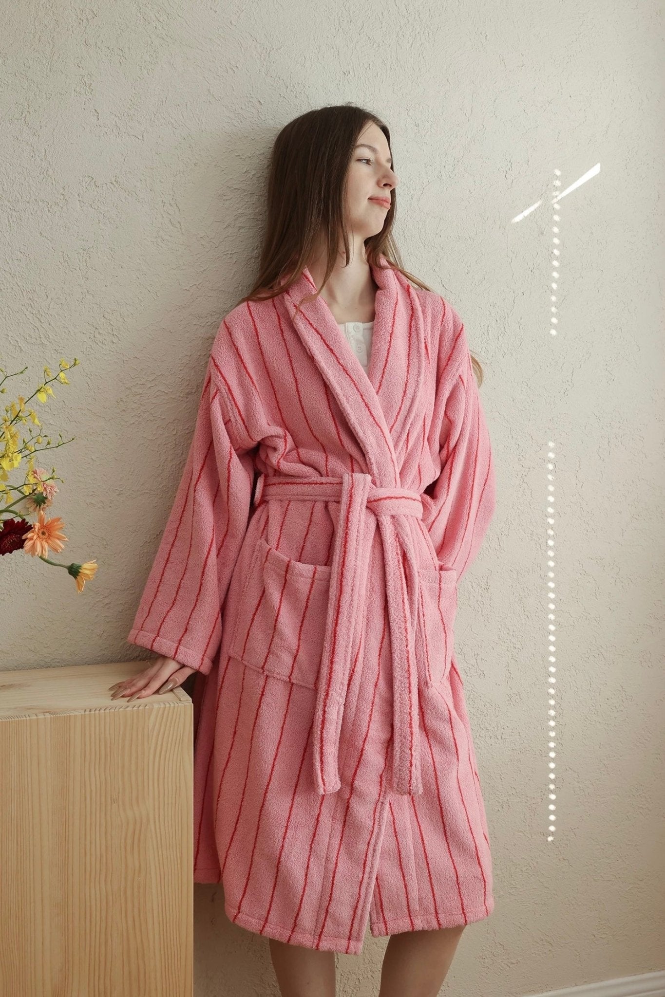 Retro Pastel Stripe Cotton Bath Robe - Plush Soft Absorbent Lounge Robe - Retro Pastel Stripe Bath Robe-Blush Pink - INSPECIAL HOME