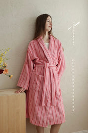 Retro Pastel Stripe Cotton Bath Robe - Plush Soft Absorbent Lounge Robe - Retro Pastel Stripe Bath Robe-Blush Pink - INSPECIAL HOME