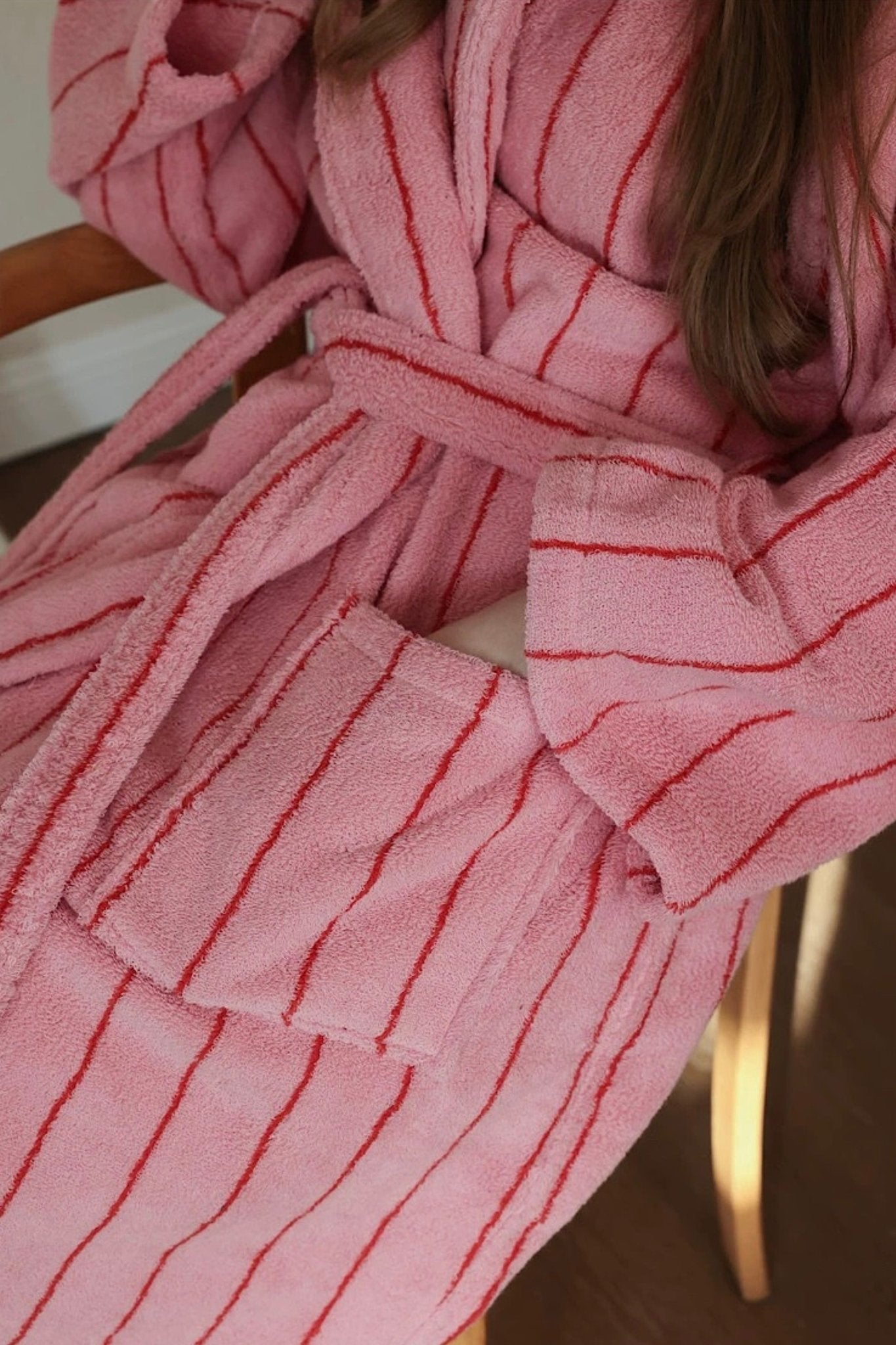 Retro Pastel Stripe Cotton Bath Robe - Plush Soft Absorbent Lounge Robe - Retro Pastel Stripe Bath Robe-Blush Pink - INSPECIAL HOME